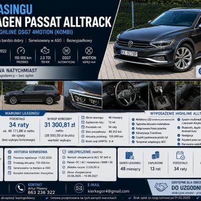 Volkswagen Passat Alltrack 2.0 TDI 4Motion DSG | Cesja leasingu | 2022 | 2x alu